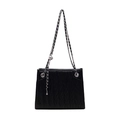 Chic black tote bag with vertical V-shaped quilting and silver metal chain strap - Black
