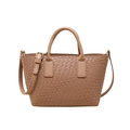 Bolso tote de piel trenzada marrón claro con asas redondas y correa de hombro ajustable - Caqui
