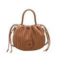Brown pleated drawstring bucket bag with a smooth top handle and caramel finish - Khaki