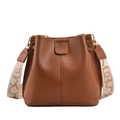 Chic caramel brown faux leather bucket bag with jacquard wide strap and gold hardware - Brown