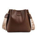 Dark brown leather bucket bag with wide jacquard shoulder strap and gold hardware - Coffee