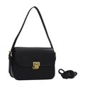 Classic black leather crossbody bag with golden metal buckle and dual shoulder straps - Black
