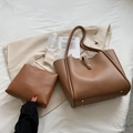 Brown leather tote bag set including large shoulder bag and matching pouch for commuting - Brown