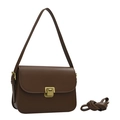 Dark brown leather flap shoulder bag with gold clasp and dual adjustable straps - Brown