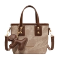 Mini borsa tote in twill beige con finiture in pelle PU marrone e ciondolo a cane - Con Ciondolo / Marrone