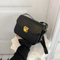Classic black square shoulder bag with gold metal buckle and adjustable strap - Black