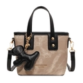 Mini borsa tote vintage in tela kaki con finiture in pelle nera e ciondolo a cane - Con Ciondolo / Cachi