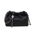 Modern black pleated bucket bag with silver chain strap and decorative metallic ball - Black