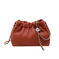 Caramel brown pleated bucket bag with chain strap and silver metal ball detail - Brown