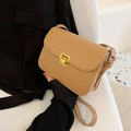 Minimalist camel leather crossbody square bag with elegant gold rectangular clasp lock - Khaki