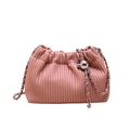 Dusty pink pleated cloud bucket bag with silver metal ball chain strap for women - Pink