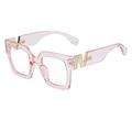Chic pink translucent square frame glasses with golden V-shaped metal temple accents - Transparent Pink Anti-Blue Light