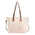 Borsa tote in pelle PU beige chiaro con ciondolo smiley rotondo e tracolla regolabile - Bianco