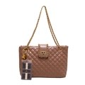 Braune gesteppte Leder-Tote-Bag mit Rautenmuster und goldenen Ketten-Schultergurten - Khaki