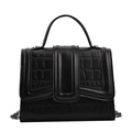 Fashionable black crocodile texture shoulder bag with silver chain strap and top handle - Black