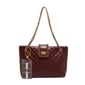 Elegant wine red quilted tote bag with gold metal twist lock and chain strap - Brown