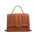 Brown crocodile embossed leather handbag with top handle and silver metal chain strap - Brown