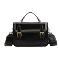 Retro black leather handbag with gold studs and patterned wide shoulder strap - Black
