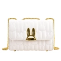 White quilted crossbody bag with golden bunny lock and elegant chain shoulder strap - White