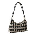 Classic black and white argyle pattern shoulder bag with golden metal rings and zipper - Black