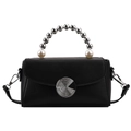 Mini borsa a tracolla in pelle nera con manico di perle e dettagli in metallo - Nero