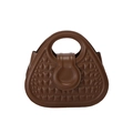 Dark brown textured leather handbag with semi-circular frame and integrated round handle - Brown