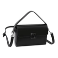 Minimalist black structured crossbody bag with round buckle and adjustable shoulder strap - Black