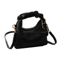 Elegante bolso de mano negro con pliegues, herrajes dorados y etiqueta de cuero - Negro
