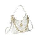 White pleated dumpling bag with decorative gold chain and leather shoulder strap - White
