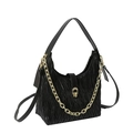 Black pleated leather shoulder bag with gold chain strap and ring rotary lock closure - Black