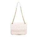 Pink quilted chain shoulder bag featuring a chevron pattern and golden strap finish - White