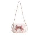 Chic cream crossbody bag with pink 3D bow and woven strap for fashion-forward women - White and Pink