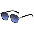Navy blue hexagonal sunglasses with gradient blue lenses and wood-grain texture temples - Top Gray Bottom Deep Blue (C6)