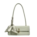 Sage green crocodile texture baguette bag with a stylish striped scarf on the strap - Green