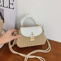 Beige straw woven crossbody bag with white leather flap and cloud-shaped handle - White