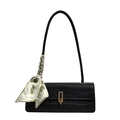 Black crocodile pattern mini flap bag with golden lock and green striped silk scarf - Black