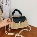 Beige straw woven crossbody bag with black leather flap and stylish pleated handle - Black