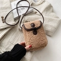 Brown faux fur crossbody bag with horn buckle and leather trim on tweed jacket - Long Fur Khaki