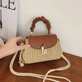 Straw woven crossbody bag with brown leather flap and stylish pleated handle - Brown