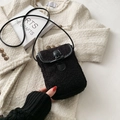 Minimalist black plush crossbody bag with toggle closure on a white textured background - Short Fur Black