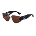 Rimless geometric sunglasses with brown lenses, black temples and gold elk logo - C3 Dark Brown Gold Tea
