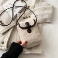 Cream plush lamb wool mini crossbody bag with dark brown leather trim and horn buckle - Short Fur Beige