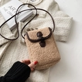 Chic beige sherpa mini crossbody bag with dark brown leather trim and horn buckle detail - Short Fur Khaki