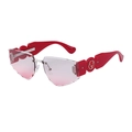 Frameless sunglasses with gradient pink lenses, red temples, and circular deer logo - Red Silver Tea Pink
