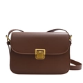 Classic brown matte leather box bag with vintage gold square buckle and adjustable strap - Brown