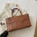 Brown woven leather tote bag with large weave pattern and long shoulder straps - Brown