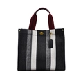 Borsa tote in tela a righe verticali bianche e nere con manici rosso intenso - Nero Grande