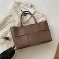Large coffee brown woven faux leather tote bag with wide interweaving pattern for women - Brown