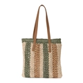 Minimalistische gewebte Stroh-Tote-Bag mit grünen und beigen Streifen und Lederriemen - Grün