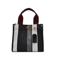 Vertical striped tote bag in black, white and grey with leather trim and gold twist lock - Black Small